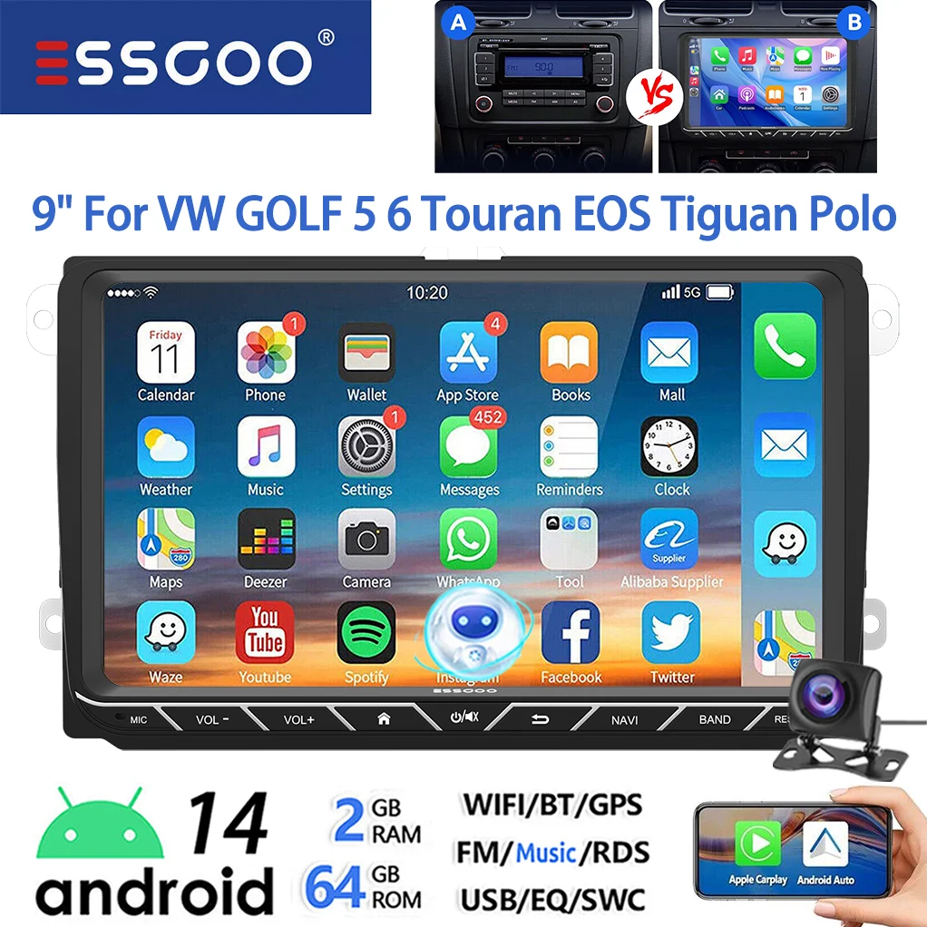 ESSGOO Android 14 Autoradio 9" 4+64GB CarPlay voor VW Golf 5 6 Passat B6 B7 Polo 6R Touran Tiguan Caddy EOS Jetta T5 Seat Skoda GPS Navigatie WIFI FM Bluetooth RDS Touchscreen Mirror Link