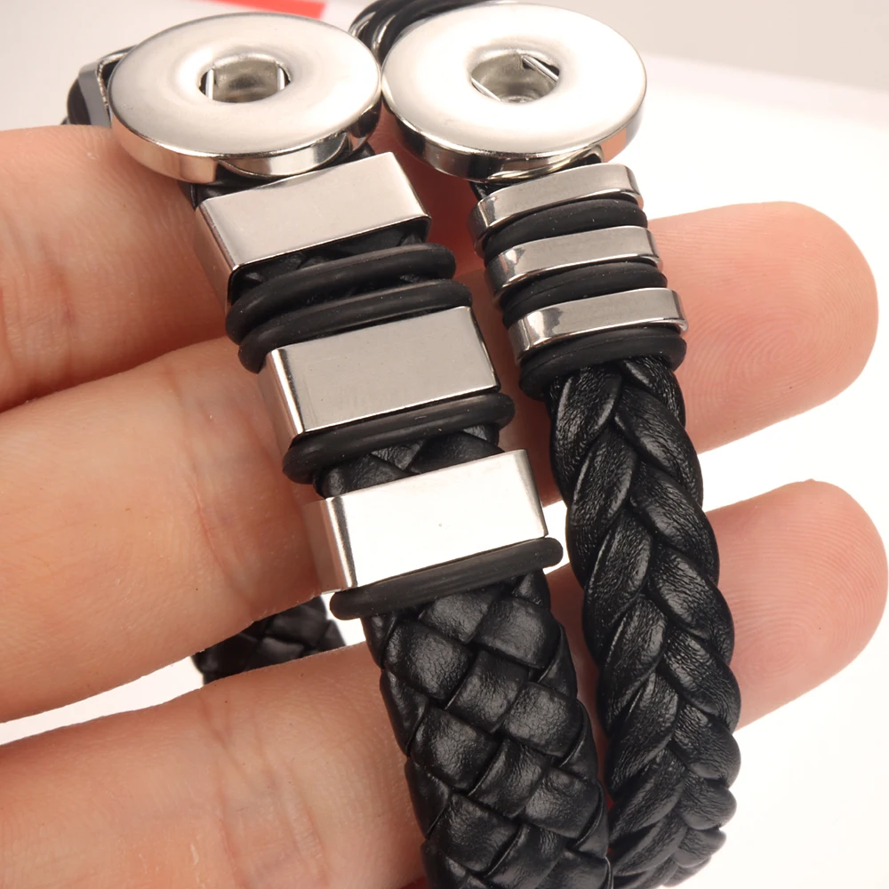 Stainless Steel Black Weave 312 Pu Leather Fit 18mm Snap Button Bangle Bracelet Charm Jewelry For Women Men Gift 21cm 20cm