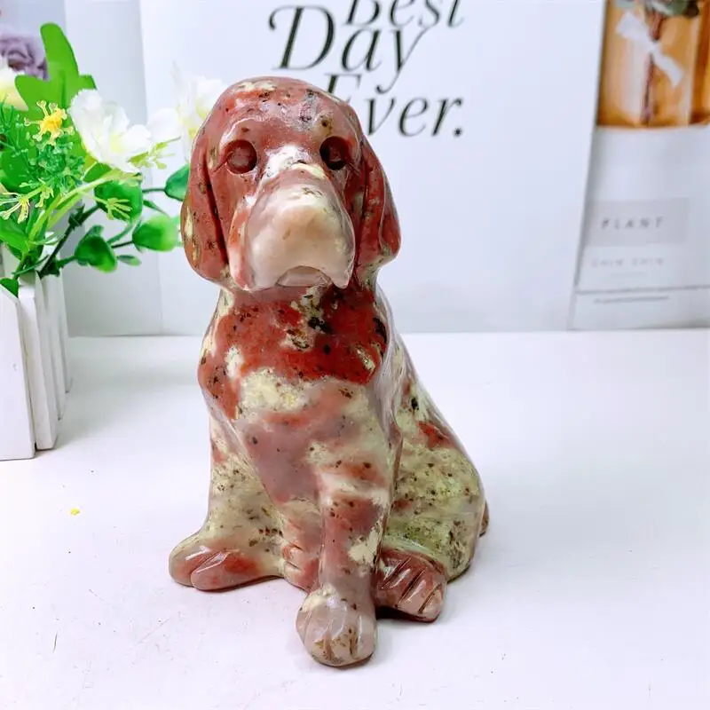 

14.5CM Natural Plum Blossom Tourmaline Golden Retriever Dog Carving Statue Animal Hraling Fashion Home Ornament Art Collectible