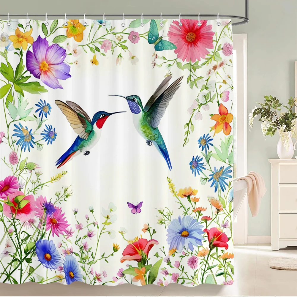 Colorful‌ Hummingbird Floral Shower Curtain Butterfly Watercolor Green Leaves Plant Nature Scenery Bathroom Decor with Hooks