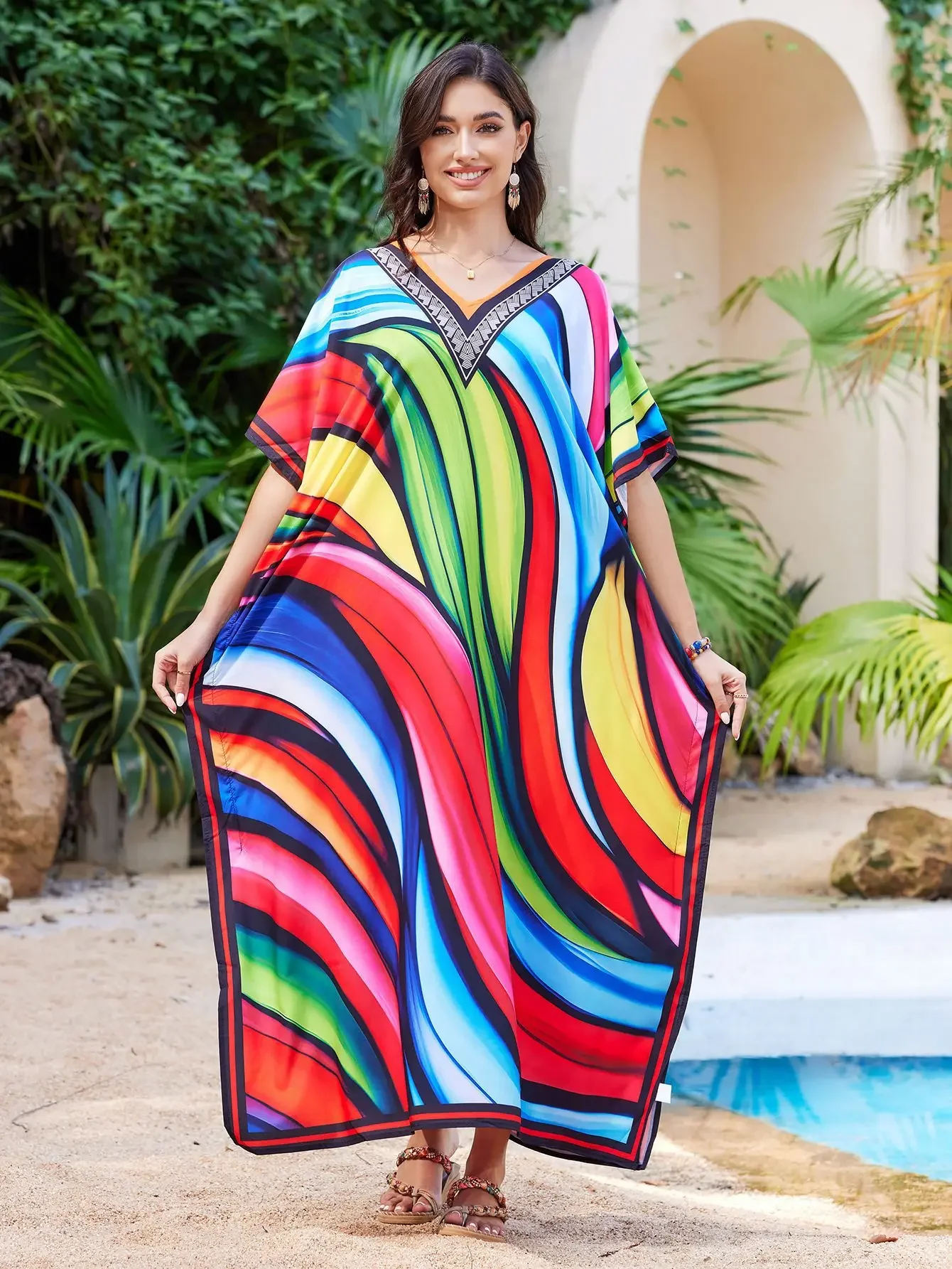 

Rainbow Style Beach Dress for Women Boho Long Dresses National Printed Kimono Kaftan Lady Beach Cover-up 2025 Vocation Pareo