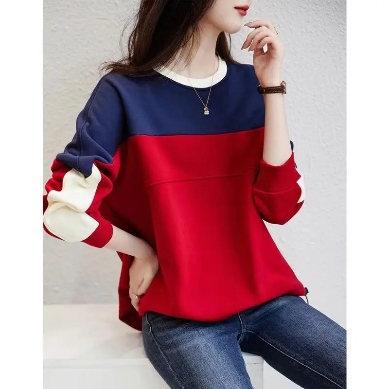 Korean Spring Autumn New Women's O-Neck Contrast Color Patchwork Fashion Casual Loose Long Sleeve Pullovers Sweatshirts Tops