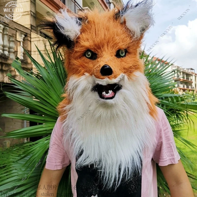 Maschera in peluche di volpe gotica – Design a bocca aperta con zanne realistiche per Halloween/performance sul palco Nero/Grigio Unisex per adulti