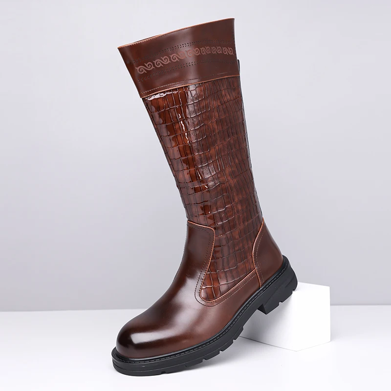 large size mens casual punk cosplay high motorcycle boots black brown soft leather shoes cowboy long boot designer knight botas