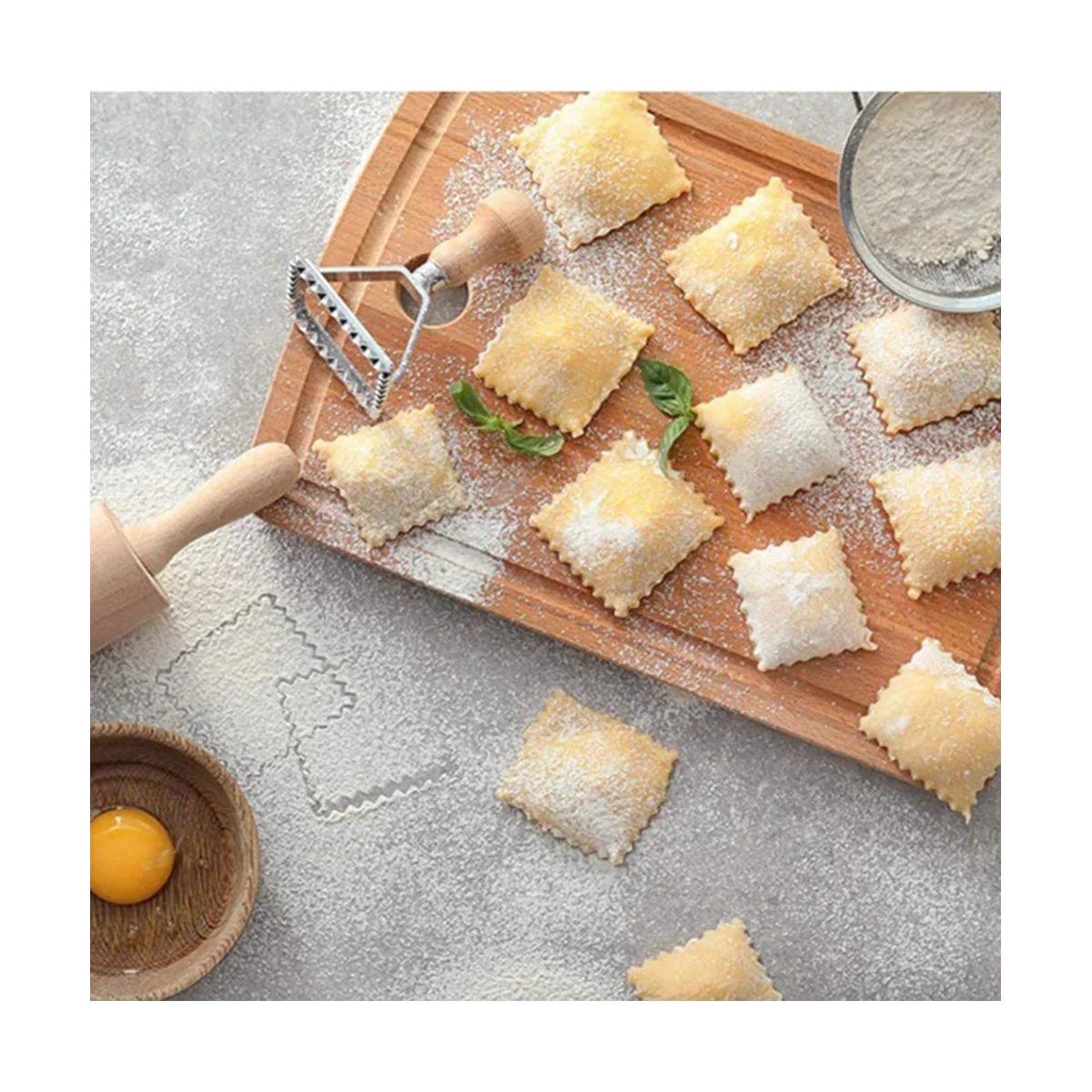 Conjunto de cortador de massa de ravioli, fabricante de carimbo de ravioli com cabo de madeira para ravioli, macarrão, bolinhos de lasanha, pierogi