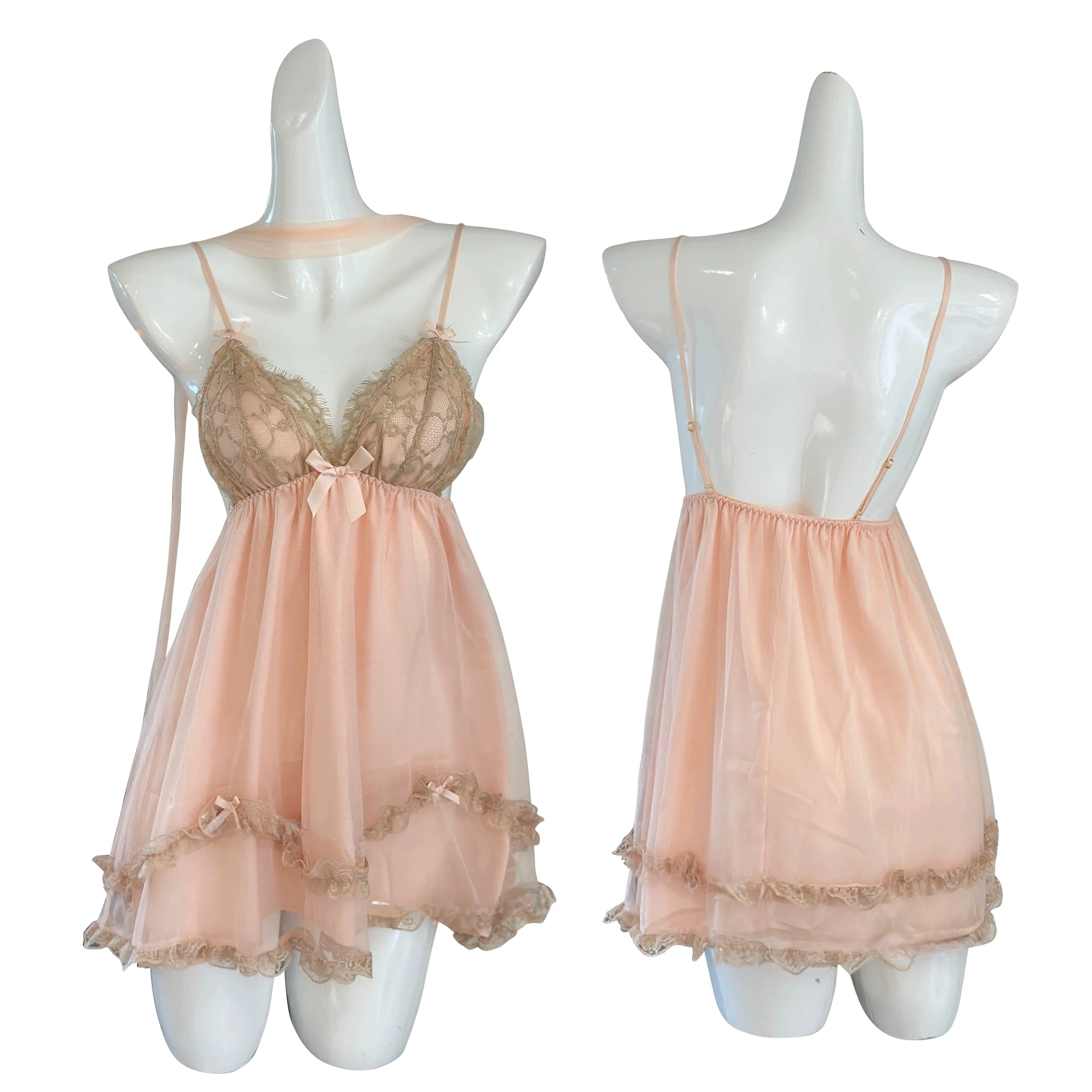 

Women Sexy Spaghetti Strap Lace Bow Nightgown Pink Mesh Robe Set Princess Style Nightwear Loose Kimono Bathrobe Suit Lingerie