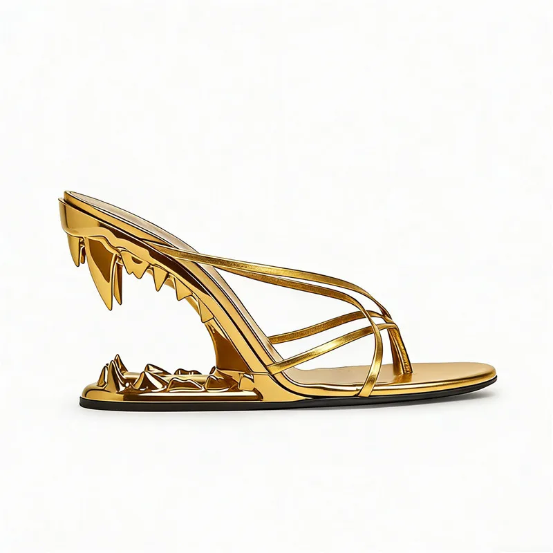 

Women's Gold Tiger Tooth Heel High Thong Sandals Wedge Strappy Open Toe Mules Slippers Beach Out Party Nightclub Fashion Shoes