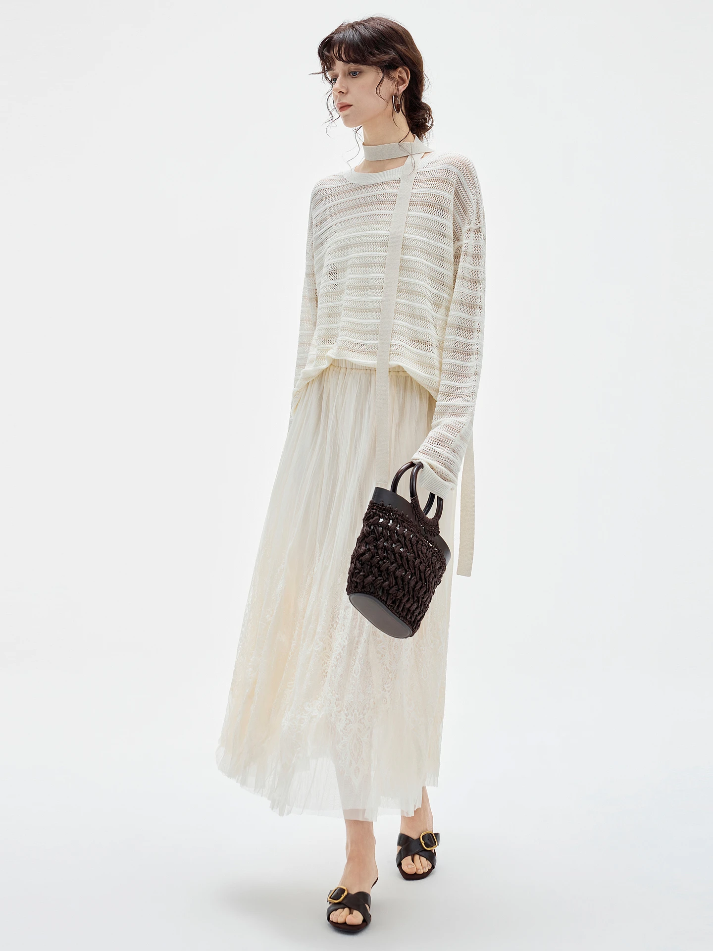 Elegant Lace Splice High Waist Elastic Skirt Women's Fashionable Cake Long Skirt ELLE Brand Commute Simple Style Polyester Fiber