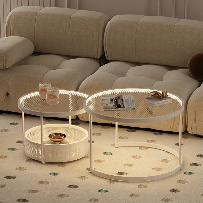 Simple Cream Style Round Living Room Small Apartment Tea Table Combination Creative Home Modern Changhong Glass Tea Table