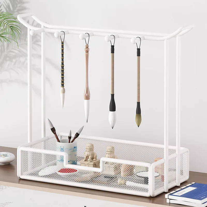 Multifunctional Calligraphy Brush Rack, Iron Brush Holder Stand, Desktop Pen Storage Organizer Desk Decor for Painting Supplies