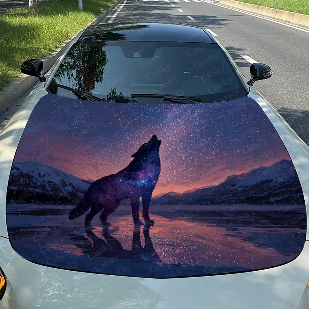 

Luminous Nebula Wolf Car Hood Wrap Colorful Vinyl Waterproof Sticker For Trucks, Decorative Bonnet Graphics High Quality Gifts