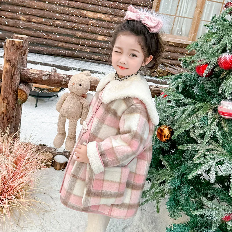 Girls Plaid Wool Coat Children 2024 New Autumn Winter Fashion Simple Casual Warm Coat Korean Sweet Style Top Clothes Coat