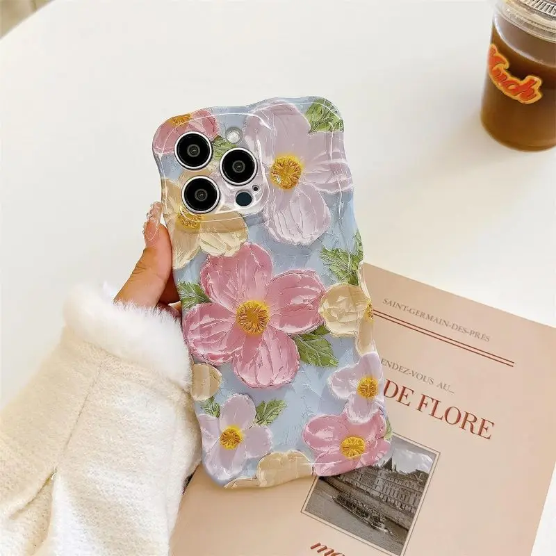 1 PC Luxury Laser Oil Painting Flowers Phone Cases For iPhone 16 15 14 13 12 11 Pro Max Plus image 3