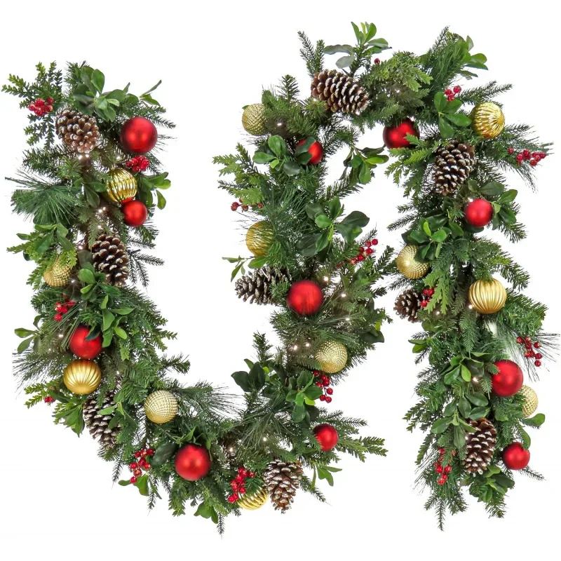 

Pre Lit Artificial Garland, Green, Decorated with Ball Ornaments, Pine Cones, Berry Clusters, Warm White LED Lights, Battery Pow