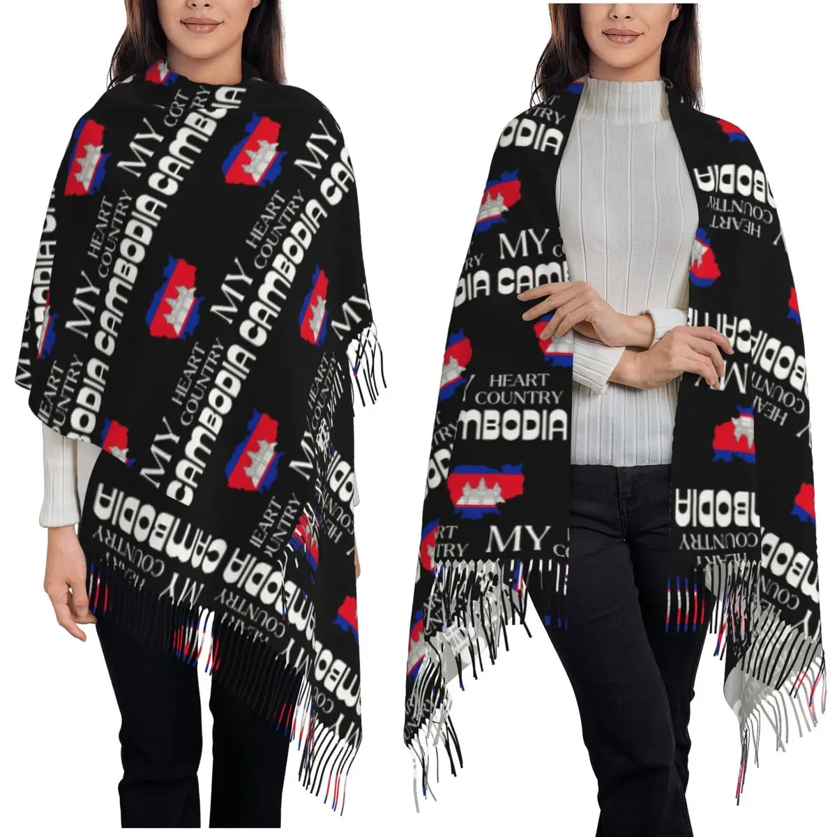 

Khmer Kingdom Vibes Cambodia Adventure Awaits Flag Scarf Tassel Scarves for Women Shawls and Wraps Long Fall Winter Shawl Wrap