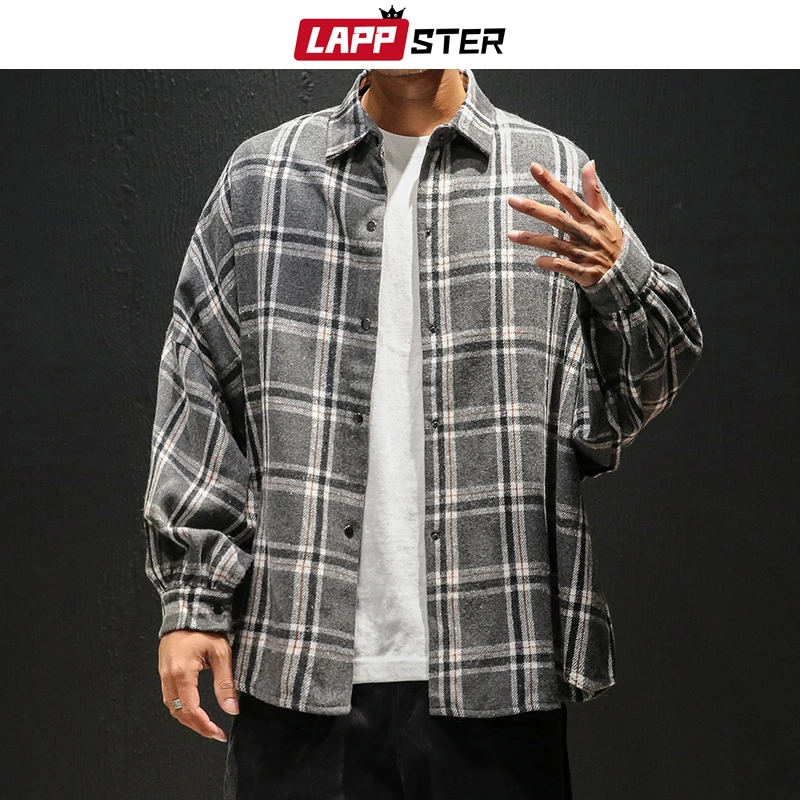 LAPPSTER Men Vintage Oversized Plaid Shirt 2024 Mens Casual Thick Black Shirts Long Sleeve Vintage Male Korean Fashion Blouses