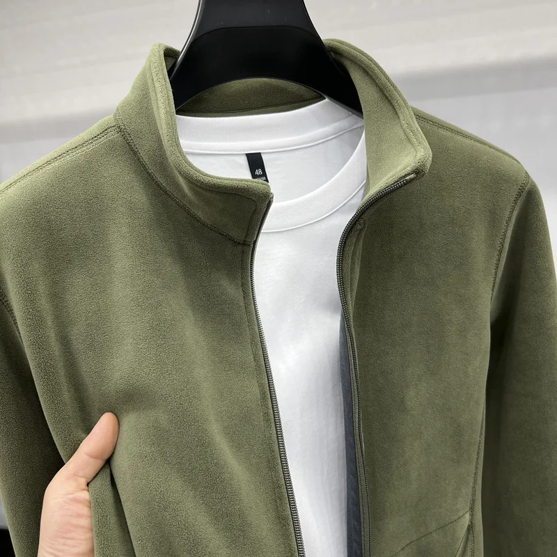 Men's Double-Sided Fleece Pullover Hoodie Pure Color Stand Collar Jacket Winter Warm Polyester Fiber Long Sleeve Casual Style