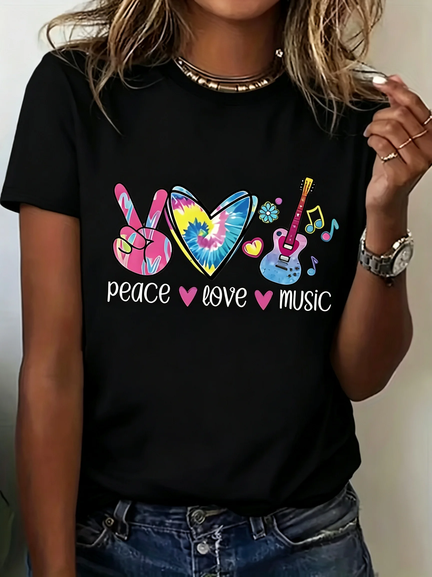 Peace Love Music T Shirt Women Colorful Tie Dye Heart Guitar Note Print Short Sleeve Top Trendy Tee Floral Daily Streetwear