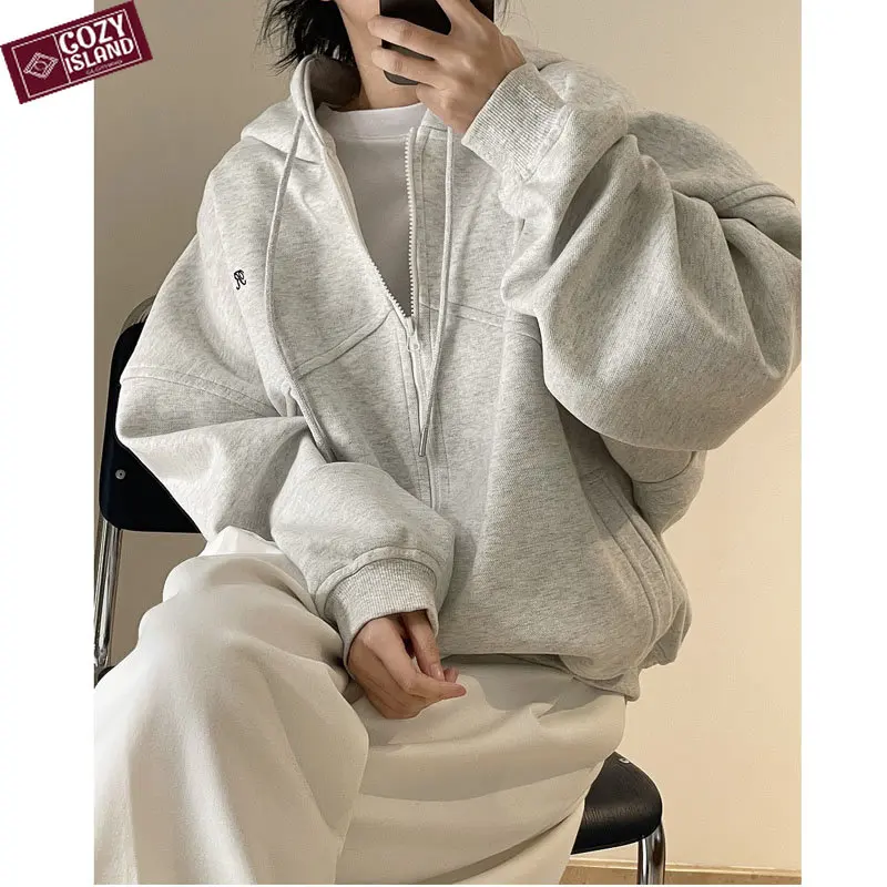 

Women Spring Hooded Sweatshirts Zipper Coats Cardigans Letter Jacket Loose Top Casual Sports Cotton Light Grey Navy Blue Hoodies