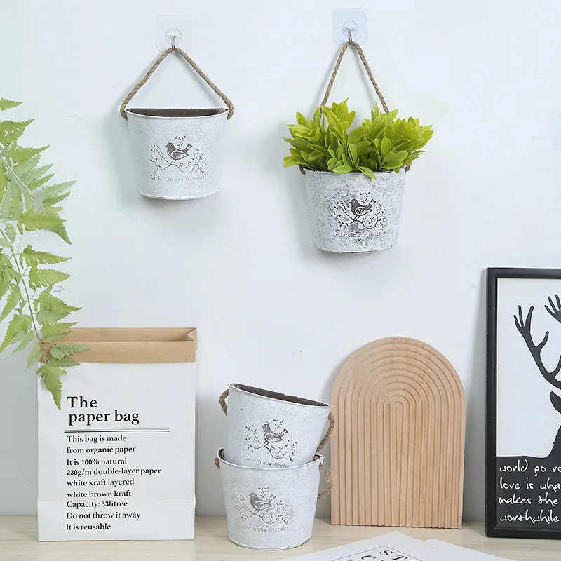 Vintage Bird Pattern Wall Hanging Metal Flower Pot with Rope Handle, Rustic White Planter Bucket for Home Garden Wall Decor