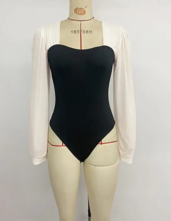 

Women's Fashion Sexy Bodysuits Autumn Spliced Knitted Long Sleeve Slim Fit Elegant Square Collar Short Jumpsuit for Women