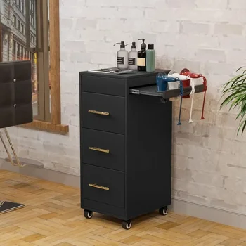 Carro de salón con ruedas, estación de peluquería móvil para coche estilista para barbería de spa de belleza con 3 cajones grandes, 3 estantes para herramientas calientes