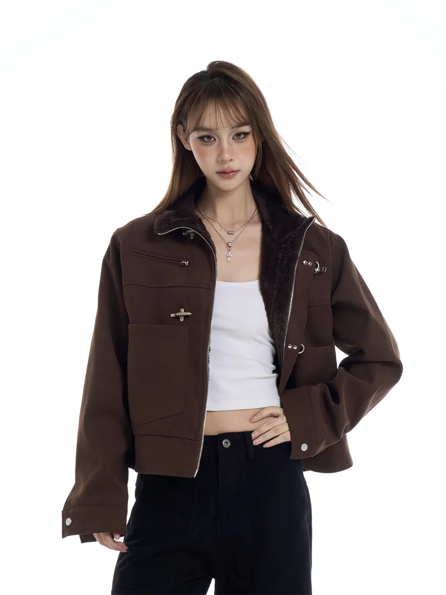

Retro American Style Women's Short Coat Winter Warm Fleece Flip Collar Slim Fit Jacket Aircraft Button Jacket