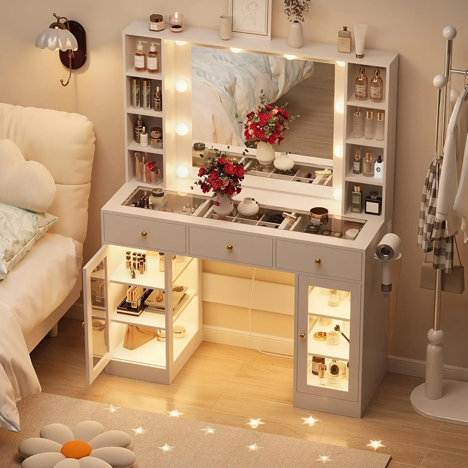 화이트 화장대 세트 (거울 및 조명 포함) – 서랍, RGB 3색 LED 조명, 유리 상판 및 전원 콘센트 포함