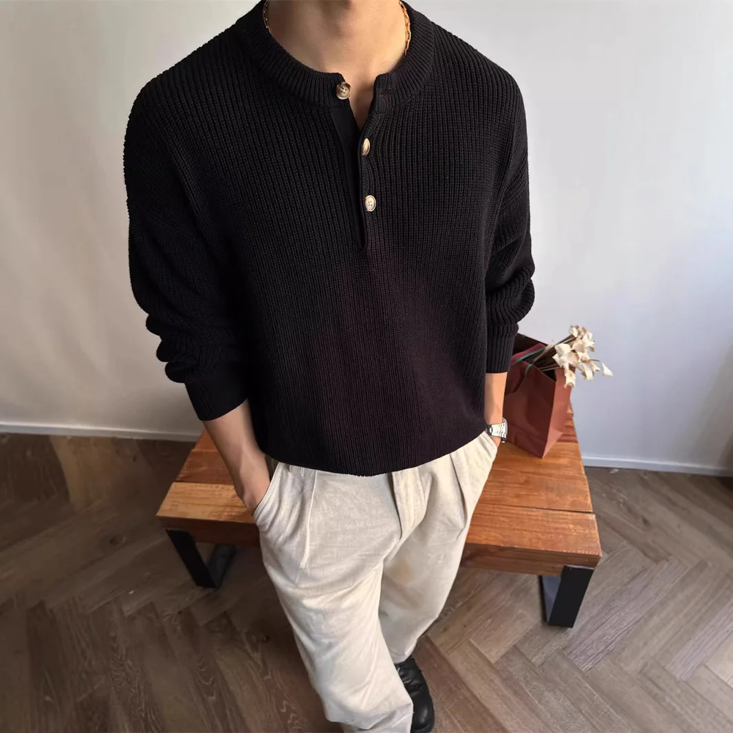 

2025 Fashion Spring Autumn Men's Solid Color Casual Trendy Loose Long Sleeve O-neck Button Pullover Knitted Sweaters Male Tops