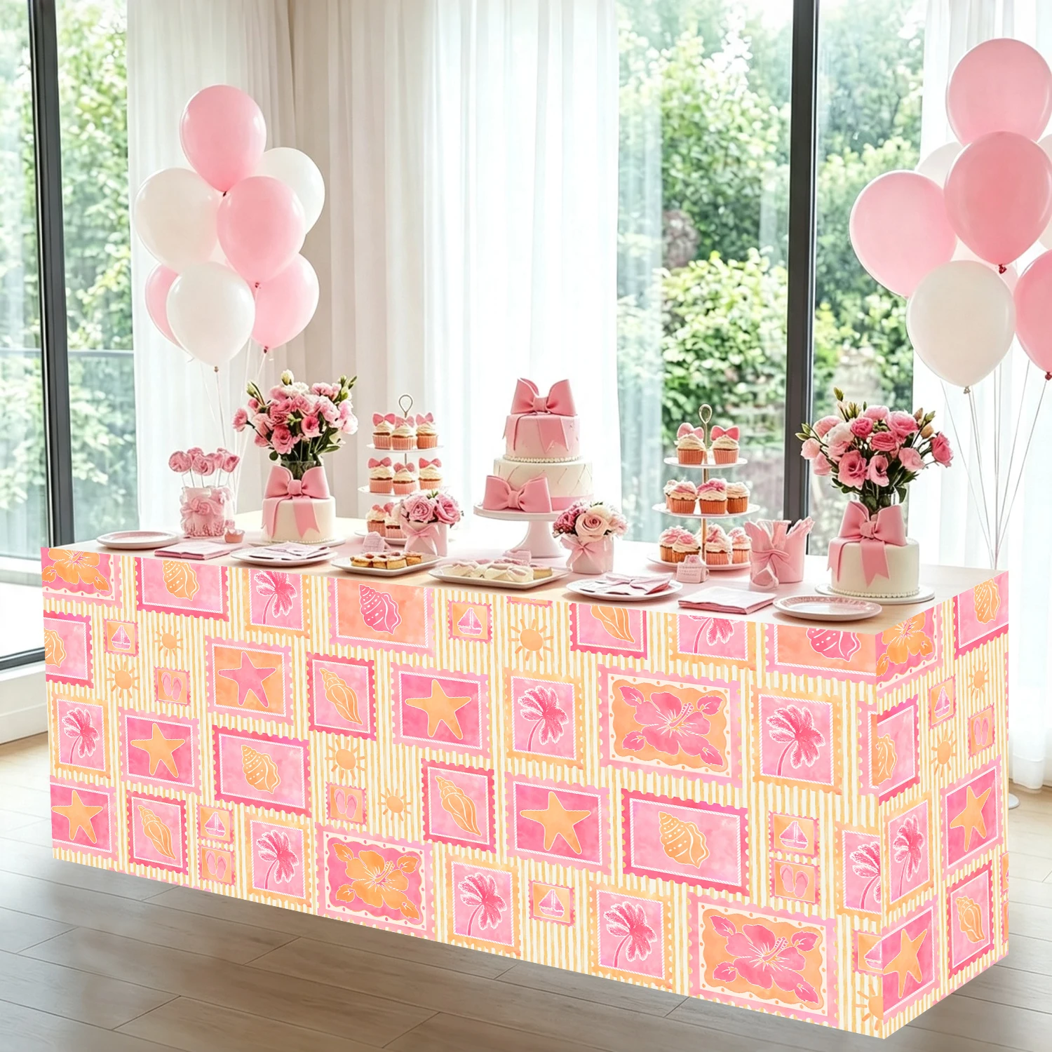 Falda de Mesa Hawaiana Rosa Naranja con Estampado de Estrellas de Mar, Conchas e Hibiscos, Cubierta de Mesa de Spandex para Verano, Piscina, Cumpleaños, Baby Shower, Mesa de Postres