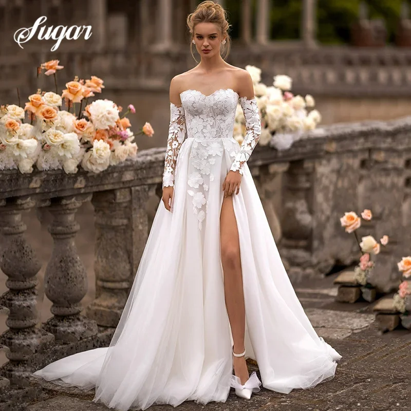 

A-line Wedding Dresses Sweetheart Lace Flower Applique Side Split Bridal Gown Elegant Backless Wedding Gowns Customized 2025