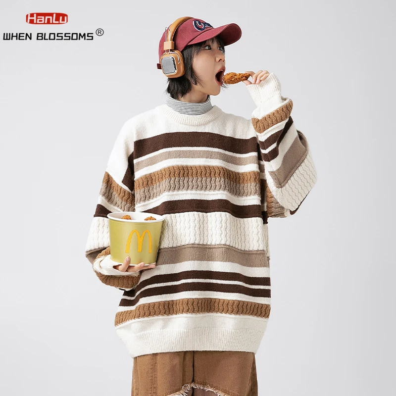 2023 Autumn Winter New Men/Women Knitted Sweater Casual Couple Striped Sweater Thick Warm Knit Loose Black Wool Pullovers Coats