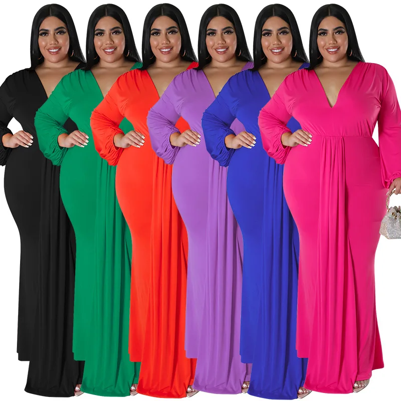 Women's solid sexy deep V-neck long sleeve pleated plus size dress new product