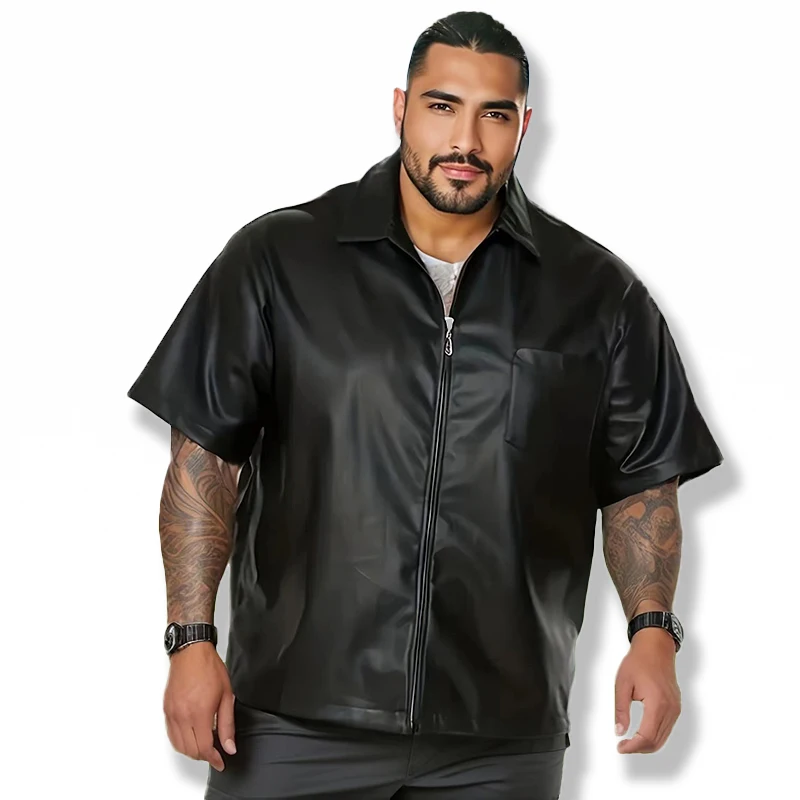 Men's Short Sleeve Faux Leather Turn-down Collar T-Shirt Coat Male Casual Plus Size PU 7XL 8XL 9XL Coat Party Clubwear Custom