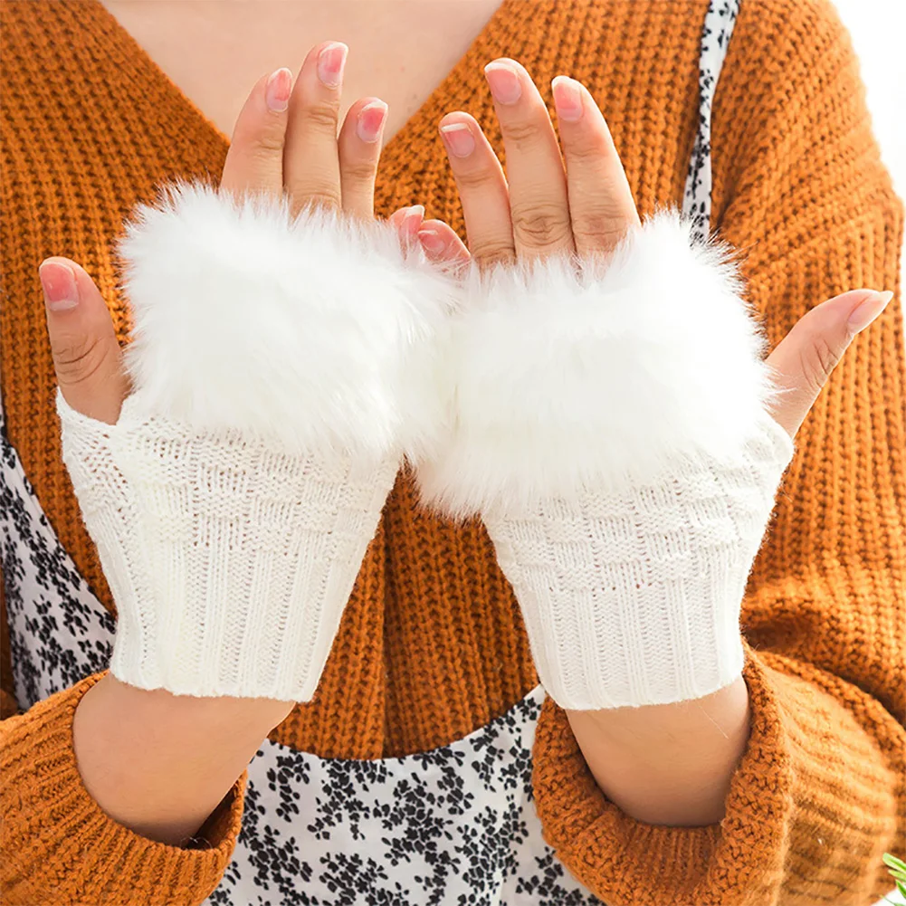 Guantes de piel sintética de conejo para mujer, manopla de ante, gruesa, cálida, sin dedos, calentador de muñeca, guantes flexibles de medio dedo, Invierno