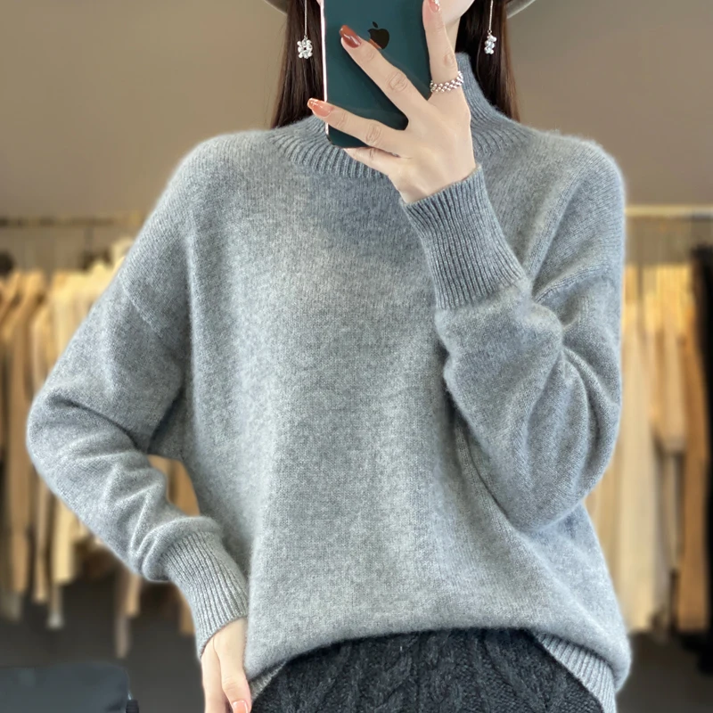 24 autumn and winter new women\'s 100% cashmere wool semi-turtle neck women\'s sweater soft and comfortable blouse loose pullover