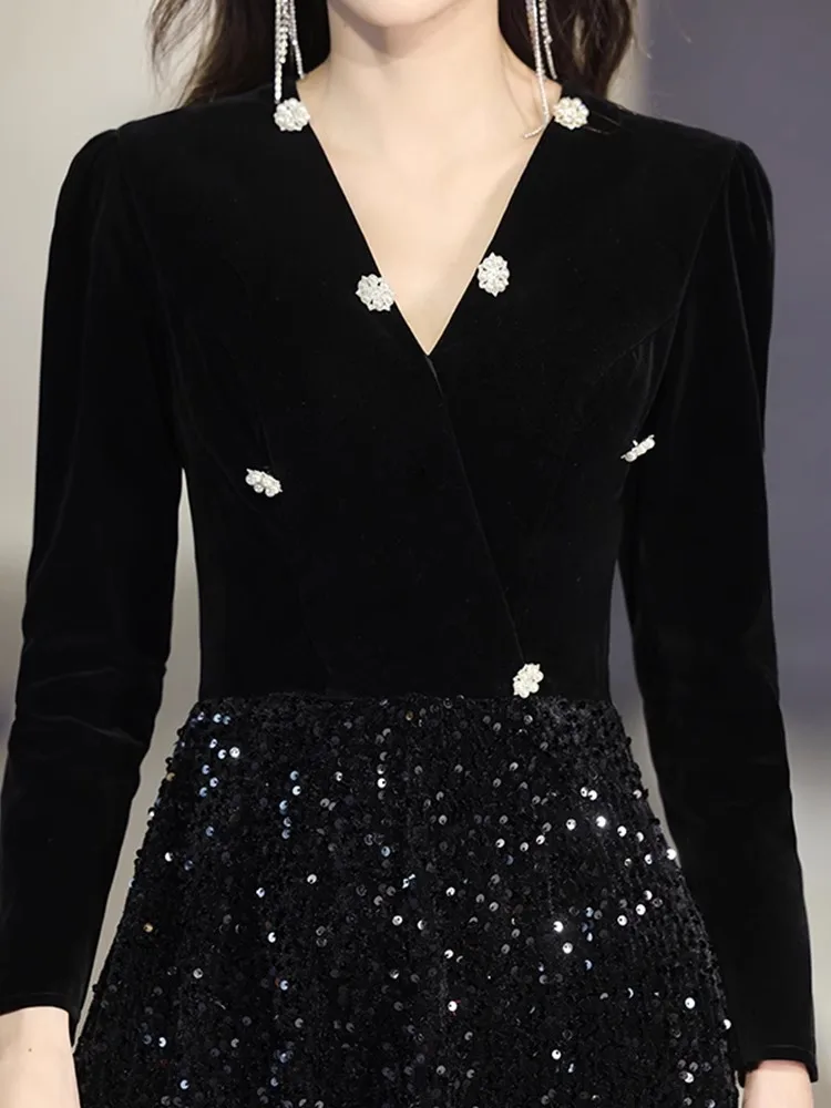 Evening Dress Black Long Sleeve 2024 New Banquet Socialite Temperament Art Exam Host Formal Fall Women's Clothing