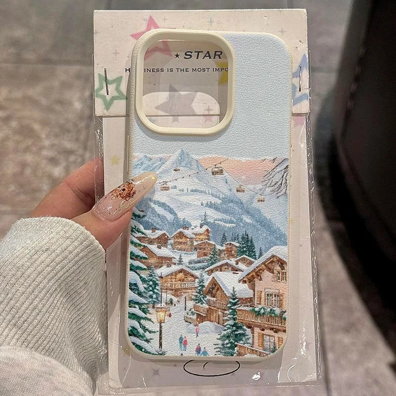 حافظة هاتف بنمط مدينة محاطة بجبال مغطاة بالثلج وملمس ليتشي، مناسبة لهواتف iPhone 17، 16، 15، Plus، Pro، Max Series - يمكن استخدامها كهدية