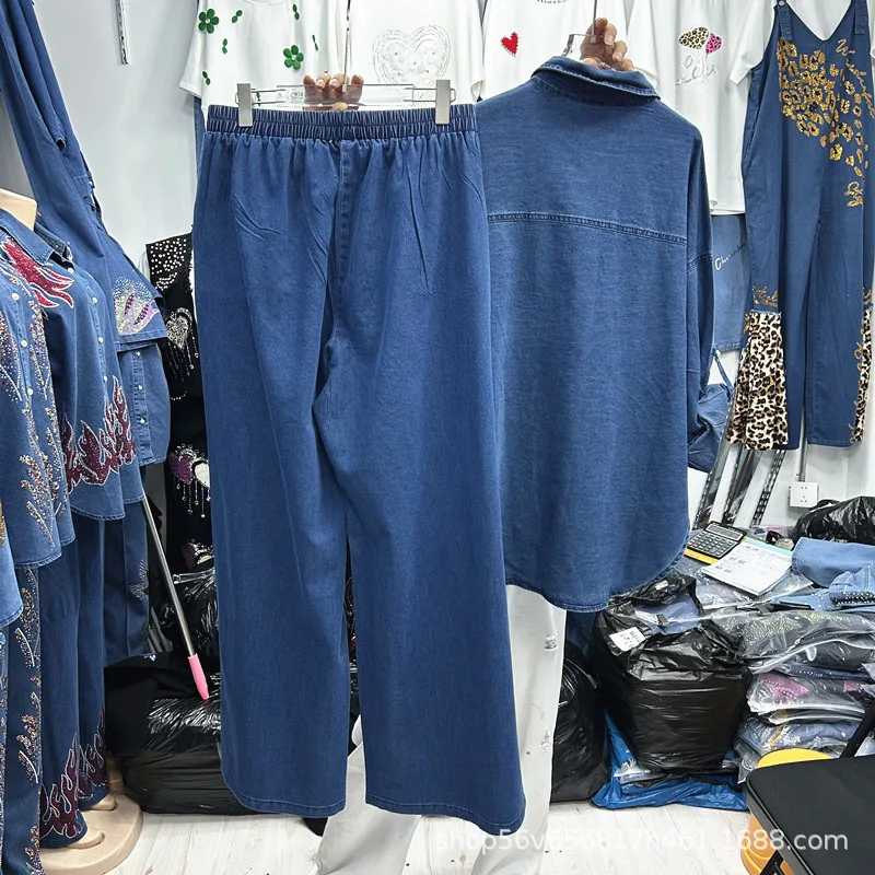 Fashionable Female Denim Sets Luxury Hot Diamonds Flowers Casual Long Sleeve Cardigans Top + Elastic Waist Wide Leg Loose Jeans