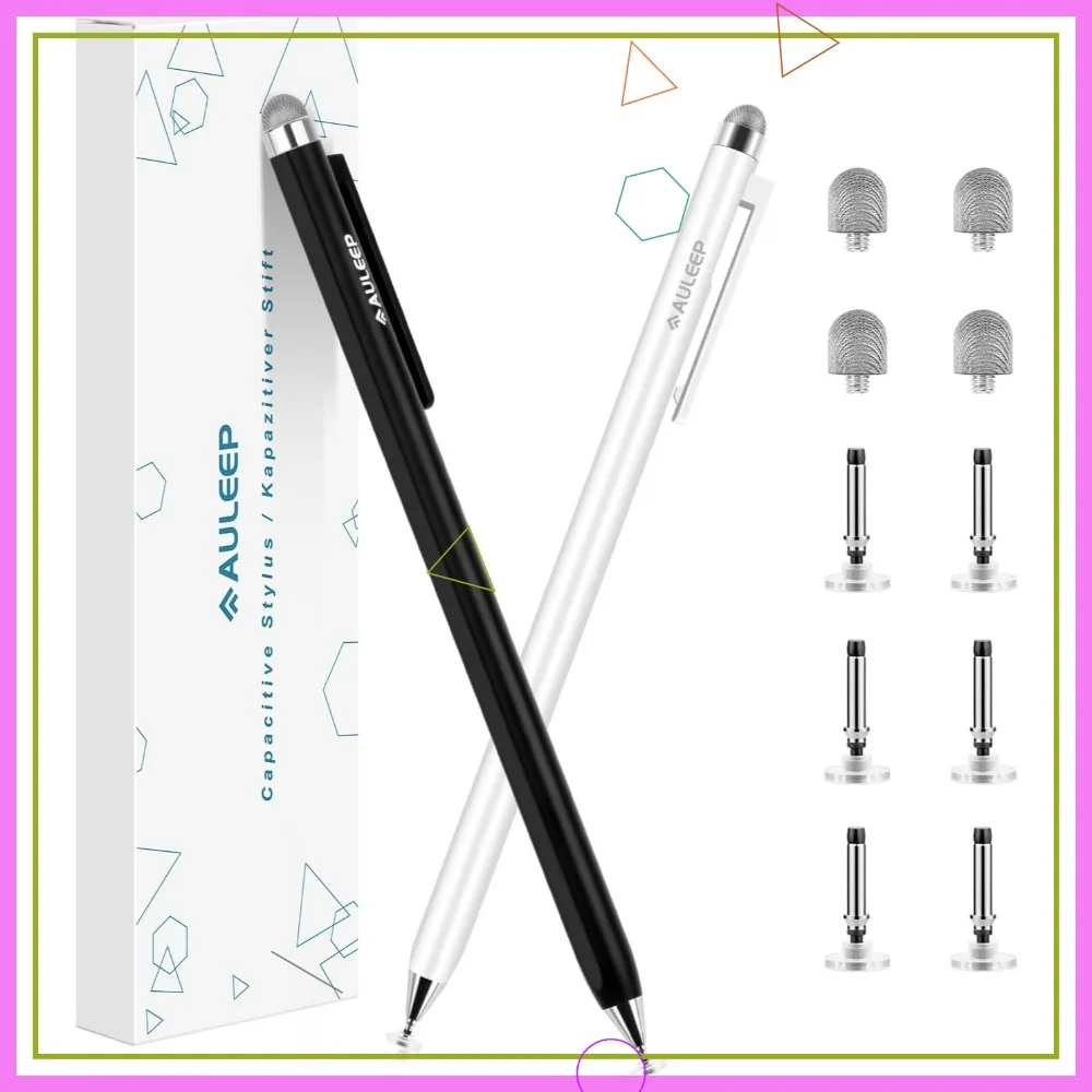 2-in-1 Stylus Pen with Fiber & Disc Tip for Touch Screens, High Sensitivity for Tablets/iPhone/iPad/Samsung (2 Pcs-Black/White)