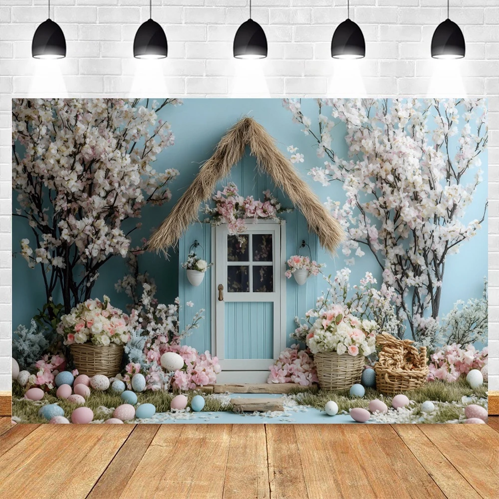 Spring Flowers Wooden House Photography Backdrop Happy Easter Kids Birthday Party Decoration Baby Shower Background Photo Props