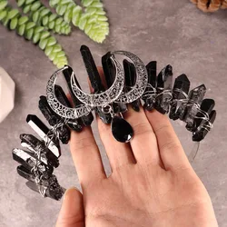 Natural Crystal Crown Three Moons Black Pendant Tiaras Witch Halloween Christmas Festive Hair Accessories Gifts witch