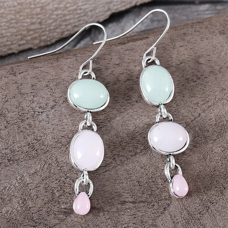 DIY accessories Cross-border European and American retro simple oval pink and green opal earrings, personalized geometric asymme