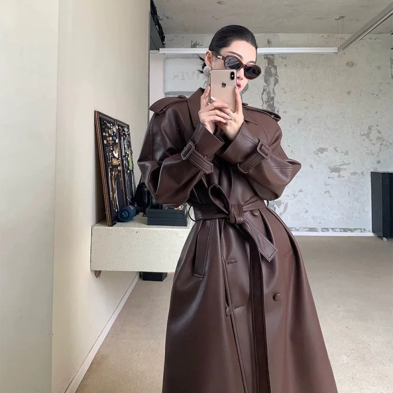 American style Oversize leather windbreaker Long women's autumn new item belt loose PU leather jacket trendy j1882