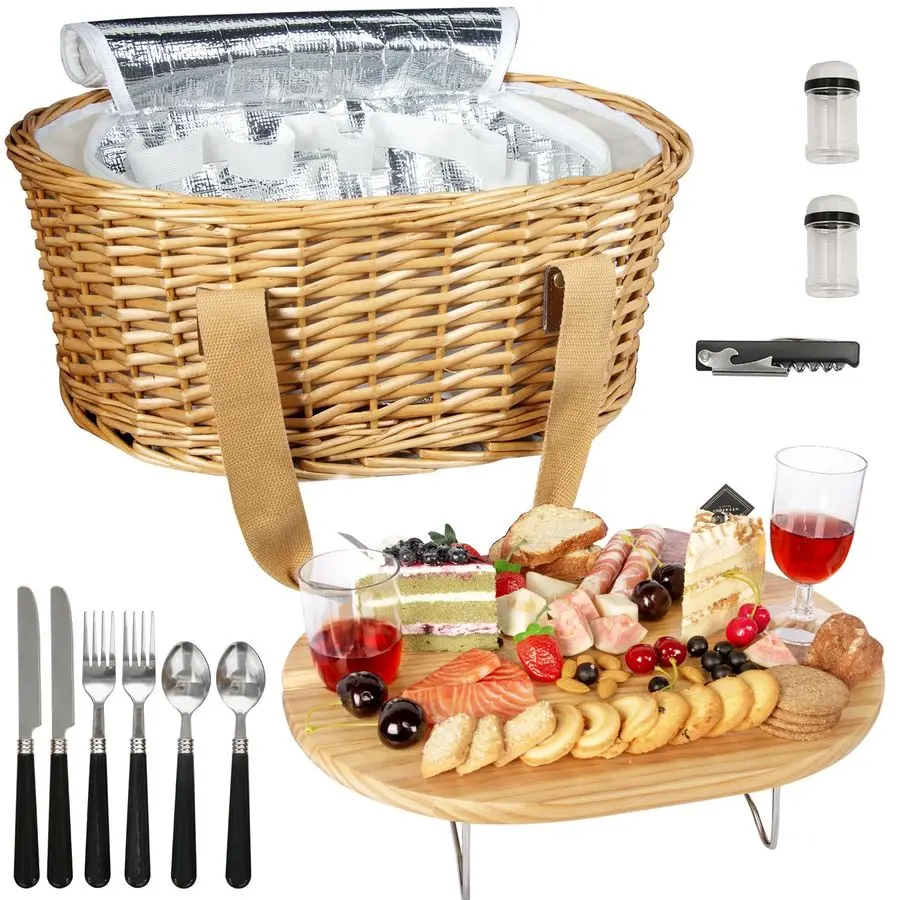 

Wicker Picnic Basket Set for 2 with Mini Folding Wine Picnic Table amp Large Insulated Cooler Bag amp Cutlery Service Kits for 2