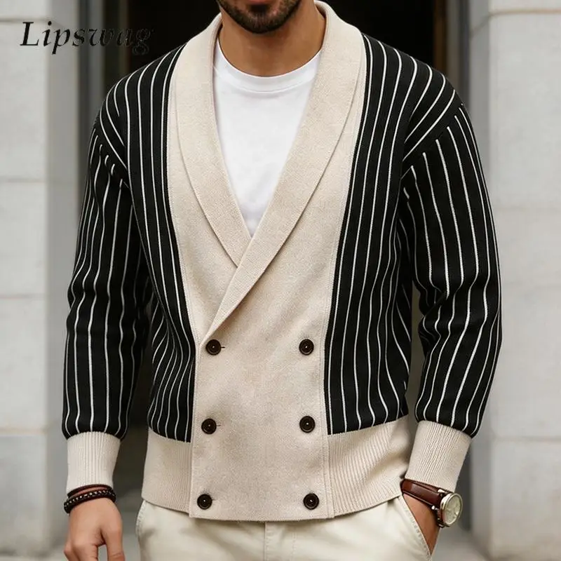 Fashionable Button-up Knitted Jacket Mens Vintage Contrast Color Striped Knit Coats 2026 Fall V Neck Long Sleeve Outerwear Men