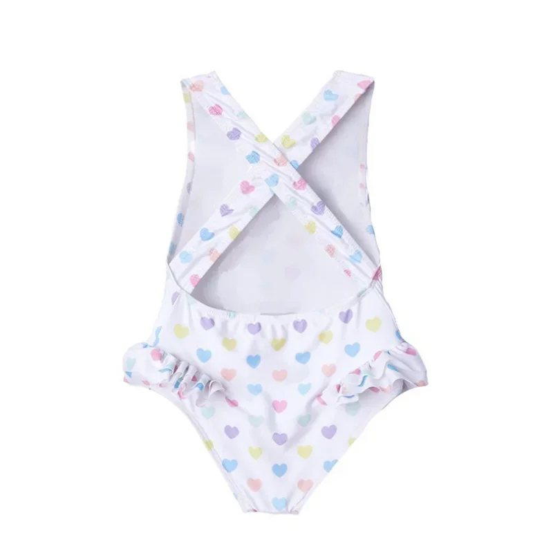 Baby Girls Swimwear Kids Color Love Heart Flower Print Bow Sleeveless Open Back Swimsuit Children Sunscreen Beach Clothes E23267