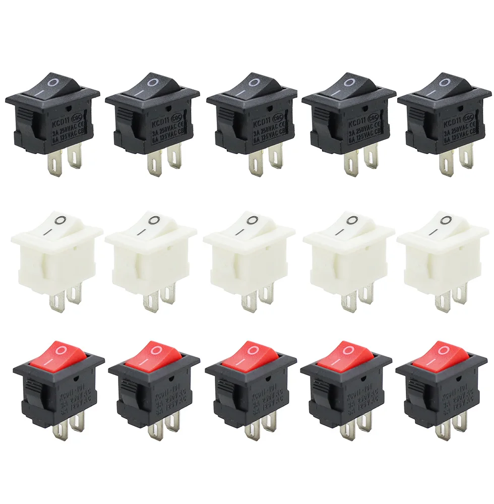 5/10 szt. KCD11 15*10 2-pinowy 3A 250V przełącznik łodzi czerwony czarny biały zatrzaskowy SPST ON OFF Rocker Position MINI Switch 15mmx10mm