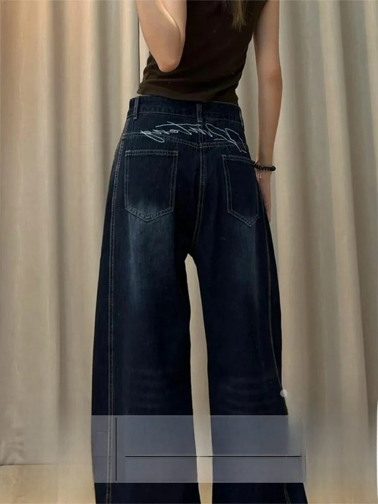 

Свободные широкие женские джинсы глубокого цвета, американские ленивые джинсовые брюки с вышивкой, осень-зима, Новое поступление