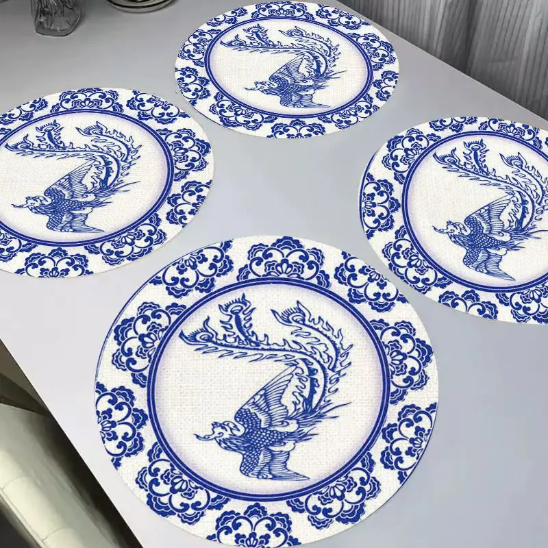 VIKAMA European Blue and White Porcelain Linen Table Mat Insulation, Washable, Wear resistant Table Mat Table Decoration